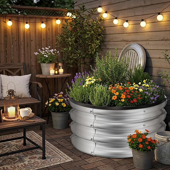 ZXZYHFTY Round Galvanized Raised Garden Bed kit,Silver Outdoor Garden Raised Planter Box, Round Large Metal Raised Garden Beds for Vegetable 2 * 2 * 1ft 2 Pcs