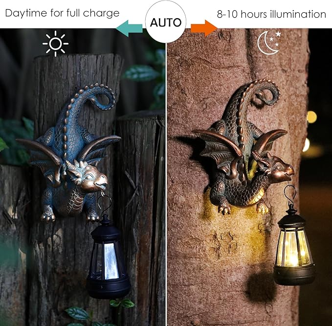 Dragon Solar Garden Statue - Gothic Outdoor Wall Hanging Decor with Solar Light, Fantasy Dragon Figurine for Patio, Yard, or Tree - Unique Whimsical Gift for Adults, Men & Women