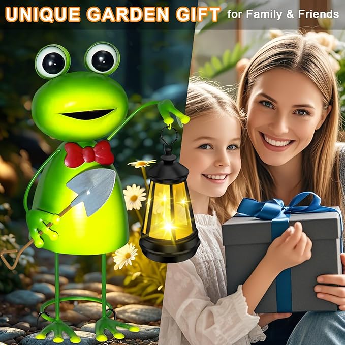 Solar Garden Lights Frog Statue with Solar Lantern lights,13.78in Frog Decoration Fairy Accessories,Birthday Gifts for Women Mom Grandma,Big Metal Decorative Stakes for Home decor,Patio,Porch,Yard Art