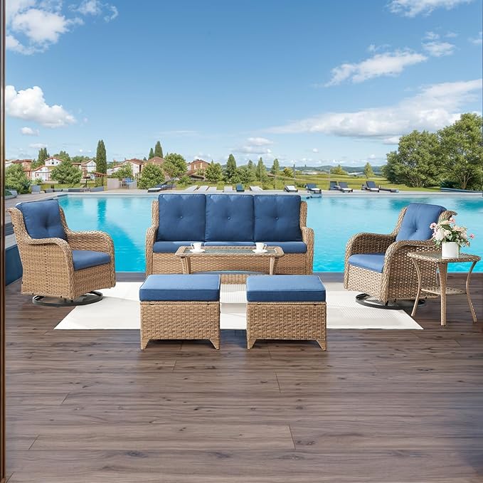 HUMMUH Outdoor Swivel Rocker PE Wicker Patio Chairs Set of 2, Rattan Rocking Chair Furniture Set (Yellow,Blue)