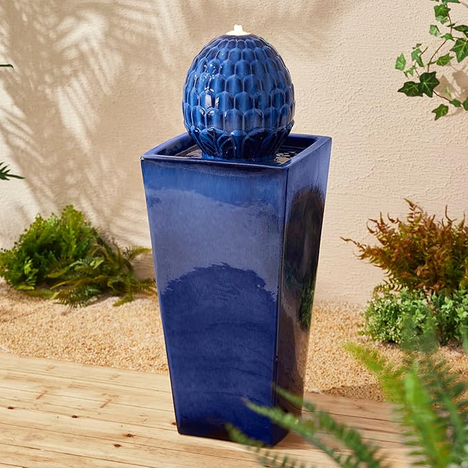 Glitzhome Ceramic Outdoor Water Fountain with LED Light, Oversized Artichoke Pedestal Water Fountains with Submersible Pump, Patio Fountain Waterfall for Garden Patio Deck Porch, Cobalt Blue, 35.75" H