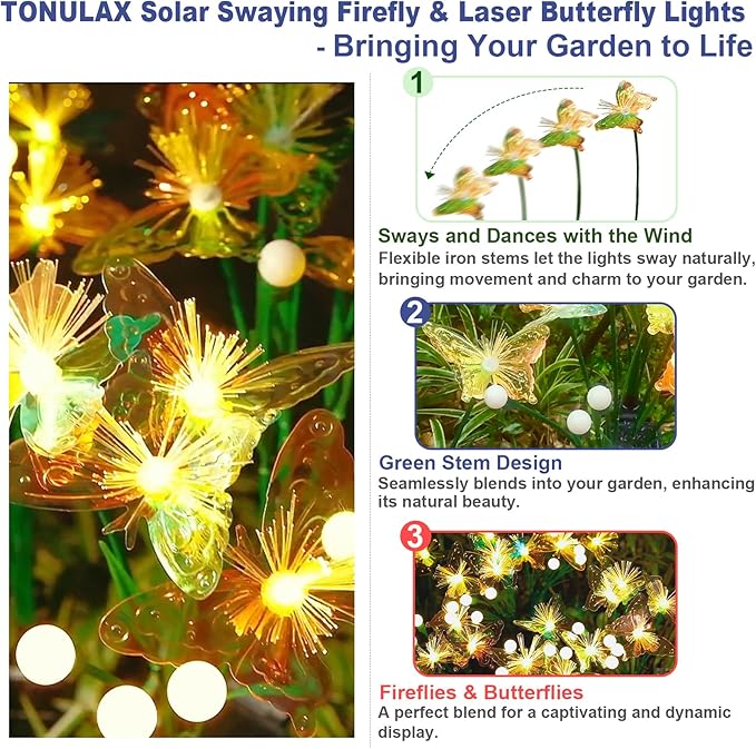 TONULAX Solar Firefly&Butterfly Garden Lights - Outdoor Light for Yard Decoration, Larger Solar Panel, Waterproof LED Garden Lights for Pathway&Holiday Decor (2pack)