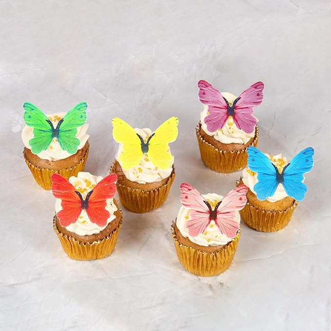 48 PCS Edible Butterfly Cupcake Toppers Wafer Paper Colorful Butterflies Cupcake Picks Edible Butterfly Birthday Decorations for Butterflies Theme Birthday Wedding Party Cake Decorations Supplies
