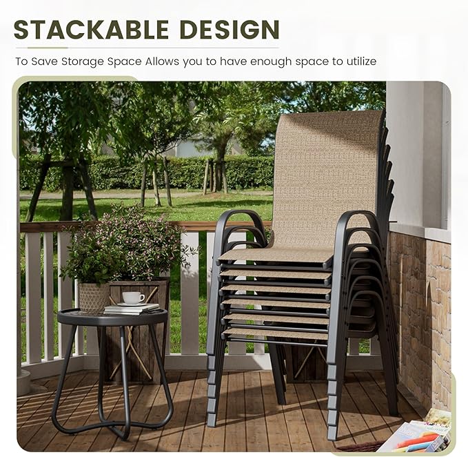 UDPATIO Patio Chairs Set of 6, Stackable Outdoor Dining Chairs with High Back, Breathable Textilene Fabric Outdoor Chair All Weather, 350LBS Capacity for Garden, Backyard (Brown)