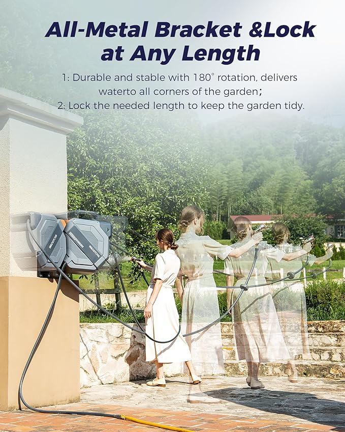 Retractable Garden Hose Reel 1/2 in x 175 ft Professional Metal Bracket & 9-Pattern Metal Nozzle UV Resistant Brass Fitting Heavy Duty Wall Mount Any Length Lock Slow Retraction 180° Swivel