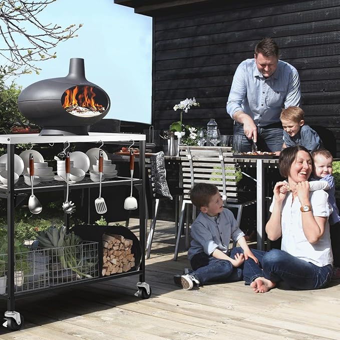 3-Shelf Outdoor Grill Table, Pizza Oven Tables with Waterproof Cover, Movable Dining Cart, Trolley Table with Wheels, Outdoor Kitchen Cooking Prep BBQ Cart for Home Party, Bar,Camping