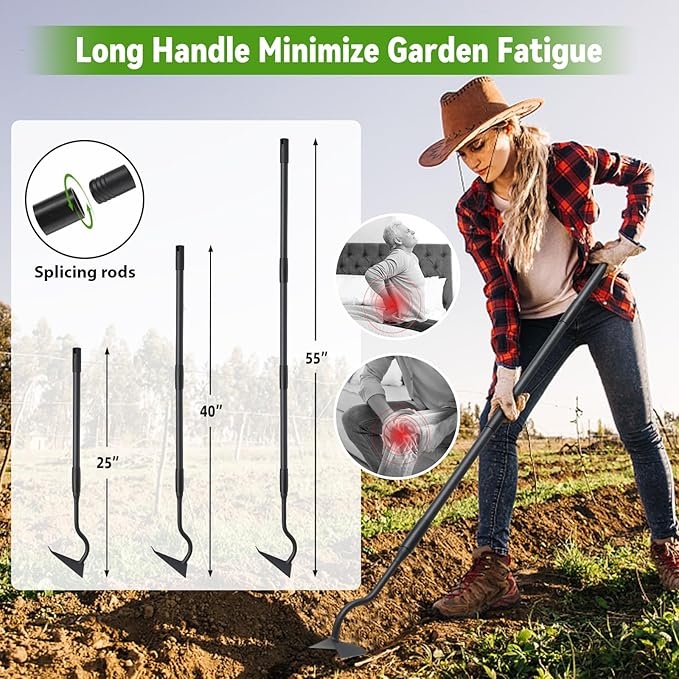 Garden Hoe, Heavy Duty Plow Hoe Garden Tool for Plowing,Cultivating, Trenching, Ridging, Weeding, Loosening Soil, 55 Inch Long Handle, V Shaped Sharp Triangle Hoe, Gardening Hand Tools