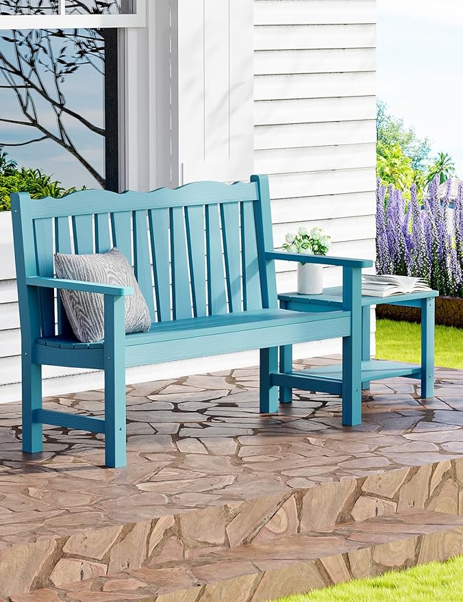Patio Chairs Set, Weatherproof HIPS Outdoor Furniture, Include 2 Patio Dining Chairs + Outdoor Bench, Suit for Garden, Porch, Lawn & Backyard (Lake Blue)