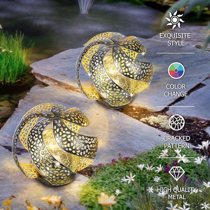Huaxu Solar Lights Outdoor Garden Decor Waterproof Cracked Glass Globe LED Light Silver Retro Art Metal Retro Design Decorative Yard Patio Lawn Pathway Gift for Mom Women Anniversary Birthday