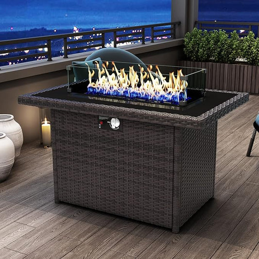 44 Inch Propane Gas Fire Pits Table for Outside Patio, 60000 BTU Rectangular Outdoor Wicker Rattan Fire Pit with Glass Wind Guard
