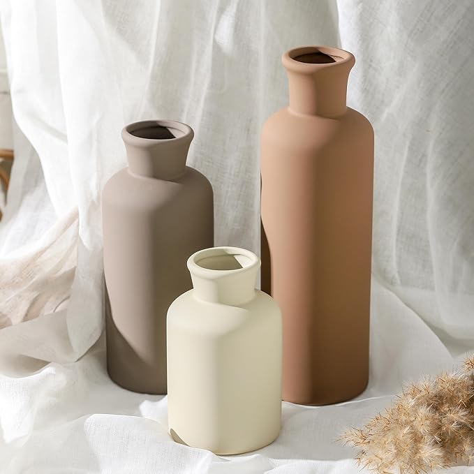 Ceramic Vase Set of 3, Flowers Neutral Modern Vases Home Decor Rustic Farmhouse Decor Pampas Vase for Table Mantel Entryway Shelf Living Room Kitchen Bathroom - Brown