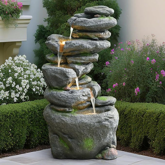 38" Outdoor Garden Water Fountain with Lights 5 Tiers Cascading Large Waterfall Floor Standing Fountain for Patio, Backyard, Deck, Porch and Home Art Decor