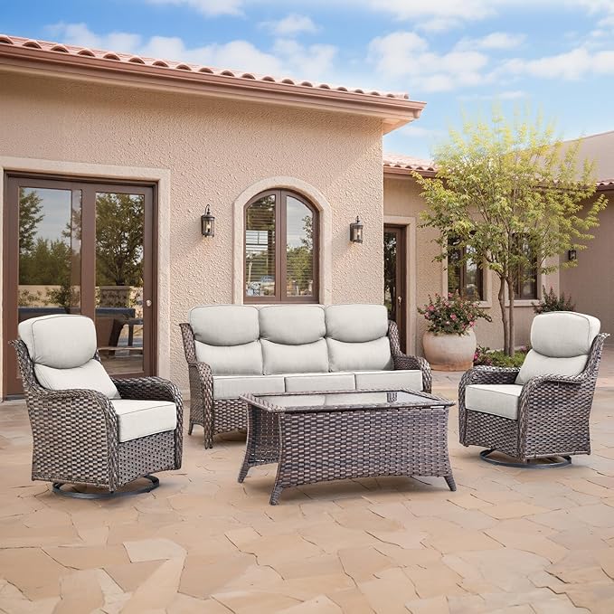Swivel Patio Chairs sofa Set of 4 with 6" Thick Cushion - Wicker Outdoor Swivel Rocker Patio Chair ,Sofa/Glass coffee table, High Back Comfortable Outdoor Glider Chairs - Brown Wicker | Beige Cushions