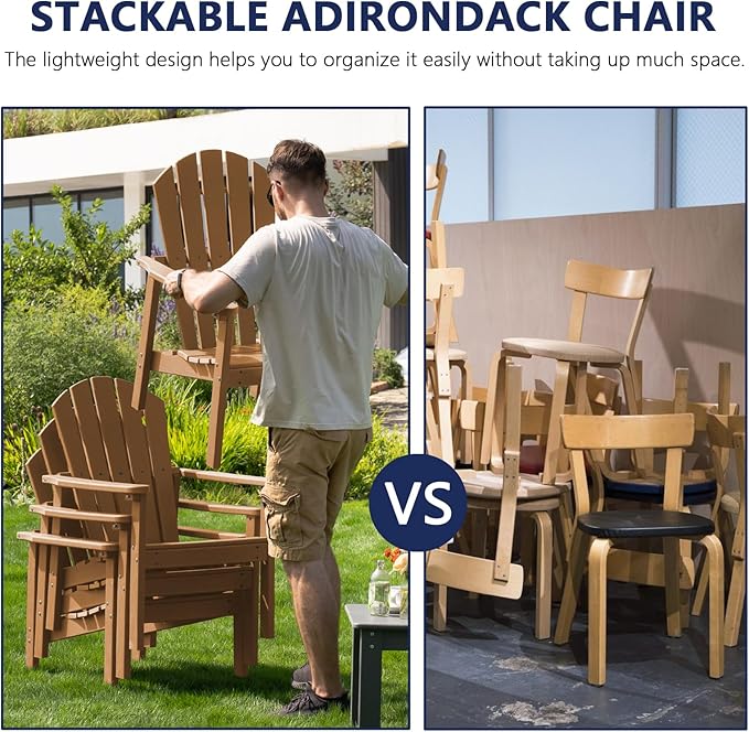 Stackable Adirondack Chair Set of 2, HDPE Outdoor Patio Chair - Durable and Space Saving, Suitable for Porches, Lawns or Garden, Teak