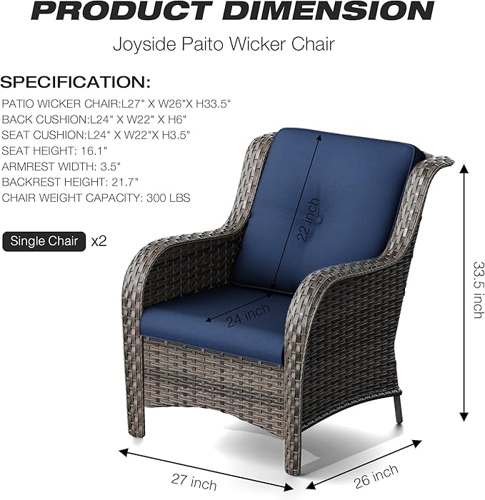 Joyside Outdoor Wicker Chair Rattan Patio Dining Chairs Set of 2 PE Wicker Patio Chairs with 4inch Seat Cushions Outdoor Patio Seating Chair for Garden, Backyard Deck(Mixed Grey/Blue)