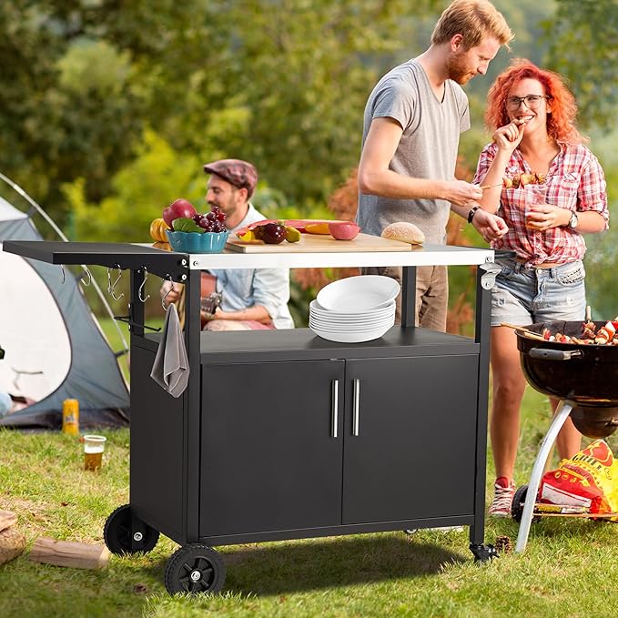 Spurgehom Outdoor Grill Cart, Pizza Oven Stand Table with Stainless Steel Top Movable Kitchen Cooking Prep Table BBQ Cart Kitchen Prep