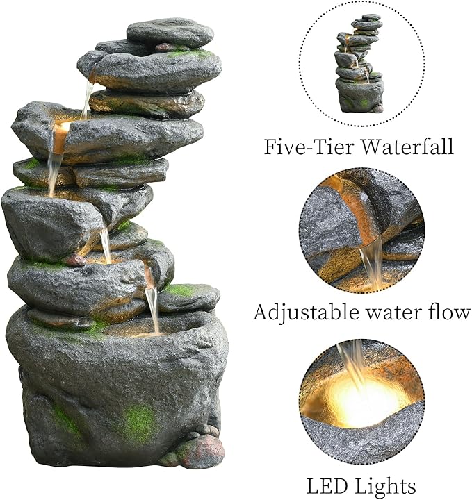 38" Outdoor Garden Water Fountain with Lights 5 Tiers Cascading Large Waterfall Floor Standing Fountain for Patio, Backyard, Deck, Porch and Home Art Decor