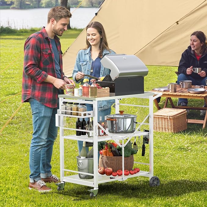 Ciokea Folding Outdoor Grill Cart with Wheels, 3-Shelf Grill Table with 27x18 in Stainless Steel Top, Rolling Pizza Oven Stand, Metal Portable Cart for BBQ Patio Camping (White)