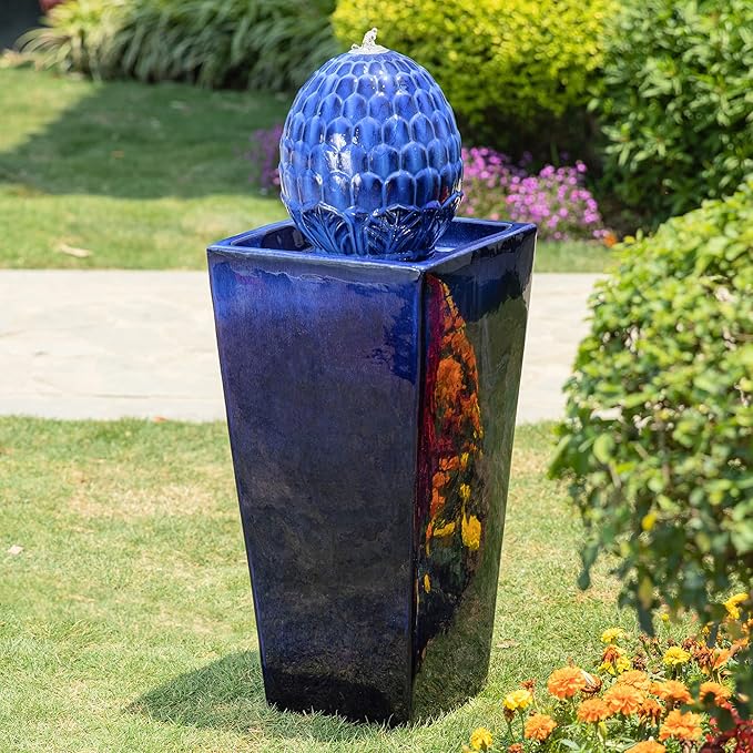 Glitzhome Ceramic Outdoor Water Fountain with LED Light, Oversized Artichoke Pedestal Water Fountains with Submersible Pump, Patio Fountain Waterfall for Garden Patio Deck Porch, Cobalt Blue, 35.75" H