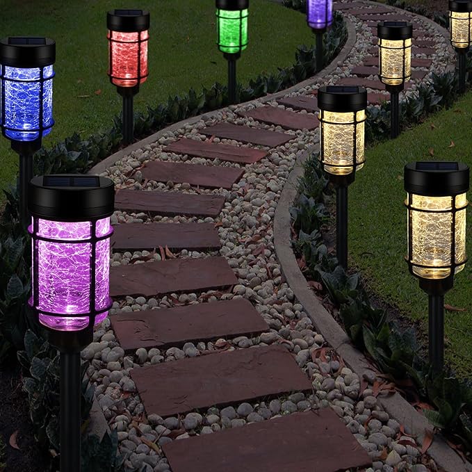 Solar Pathway Lights 2 Pack, Color Changing+Warm White LED Solar Lights Outdoor, Waterproof Lighted Crackle Glass Stake for Garden Path Walkway Backyard Lawn Landscape Decoration