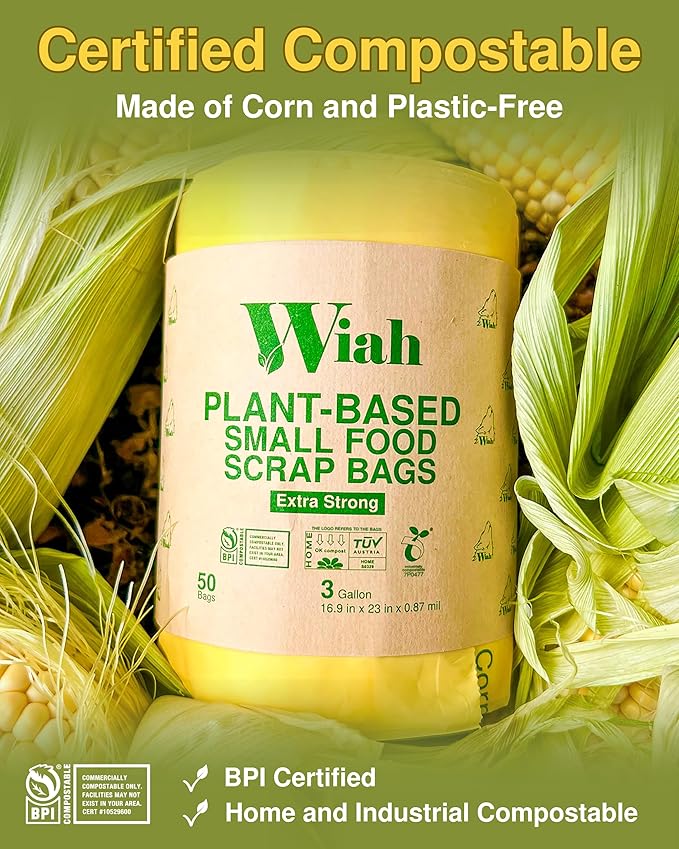 Small Compost Bags for Countertop Bin - Extra Strong 50-Count Compostable Trash Bags 3 Gallon - BPI Certified - Supports Wildlife - Premium 3 Gallon Compostable Bags for Kitchen Compost Bin