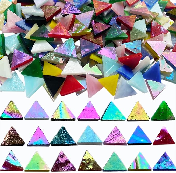 Triangle Iridescent Glass Mosaic Tiles for Crafts Bulk, 510 Pieces Colorful Tiffany Stained Glass Pieces Supplies, Rainbow Mosaic Glass Kit for Crafts