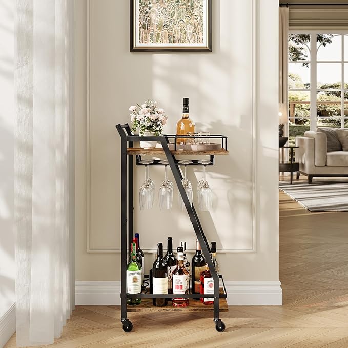 HOOBRO Bar Cart, Home Bar Serving Cart, Kitchen Cart, Rolling Beverage Cart & Wine Rack and Glass Holder 2 Storage Shelves, Cocktail Cart for Home Dining Party, Rustic Brown and Black BF27TC01