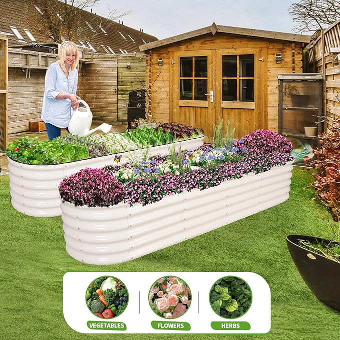 Galvanized Raised Garden Bed - 8x2x1.4FT Metal Planter Boxes Outdoor | Oval Steel Raised Bed Kit for Gardening with Protective Tape, Bracing Rods, Gloves for Vegetables, Flower, Herb (White)