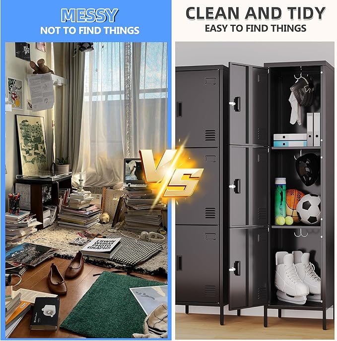 METAN Metal Storage Employees Lockers with 3 Lockable Doors and Hooks,66''H*16''W*16''D Locking Storage Cabinets for Small Spaces,Home,School,Gym,Assembly Required,Black