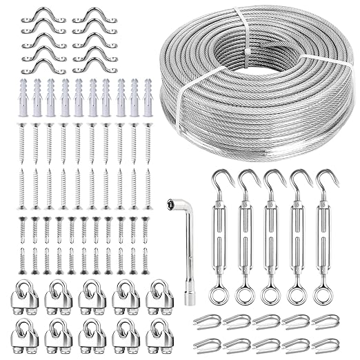 3/16 Wire Rope Kit, 165ft Vinyl Coated Galvanized Steel Cable with M5 Turnbuckles for Cables Wire, Rope Clamp & Thimble, 7X7 Strand Aircraft Cable for Anchored Shed, Fencing, Sunshade