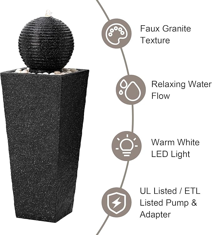 Glitzhome Outdoor Water Fountain with LED Light, Oversized Decorative Black Pedestal Water Fountains with Submersible Pump, Modern Sphere Floor Fountain with Pebbles for Garden Patio Decor, 40.75”H