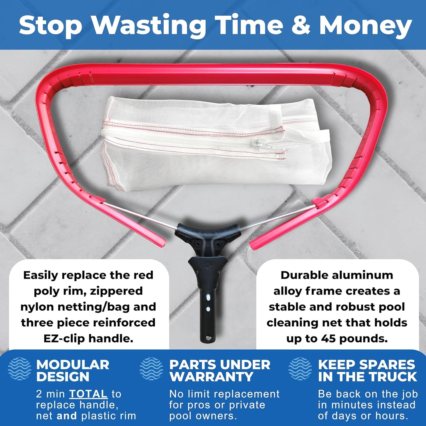 ProTuff 17” Silt Net Pool Skimmers for PROS – 6 Pack – “490 Promise” Unlimited, Unconditional Replacement - Ultra-Durable Ultra-Fine Net for Silt – Heavy-Duty Aluminum Frame & EZ-Clip Pole Attachment