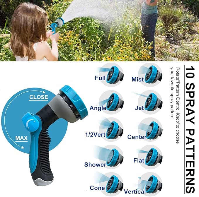 150Ft Non-Expandable Garden Hose, Flexible Water Hose with 10-Pattern Spray Nozzle, Lightweight Hose Pipe, Kink-Free, Leak-Proof, 3/4" Solid Metal Fittings