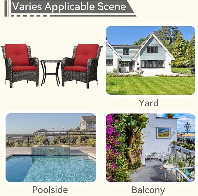 3 Pieces Outdoor Patio Chairs Set - Wicker Patio Conversation Sets with 1 Side Table, Olefin Fabric Cushions Suitable for Backyard Deck and Porch,Red