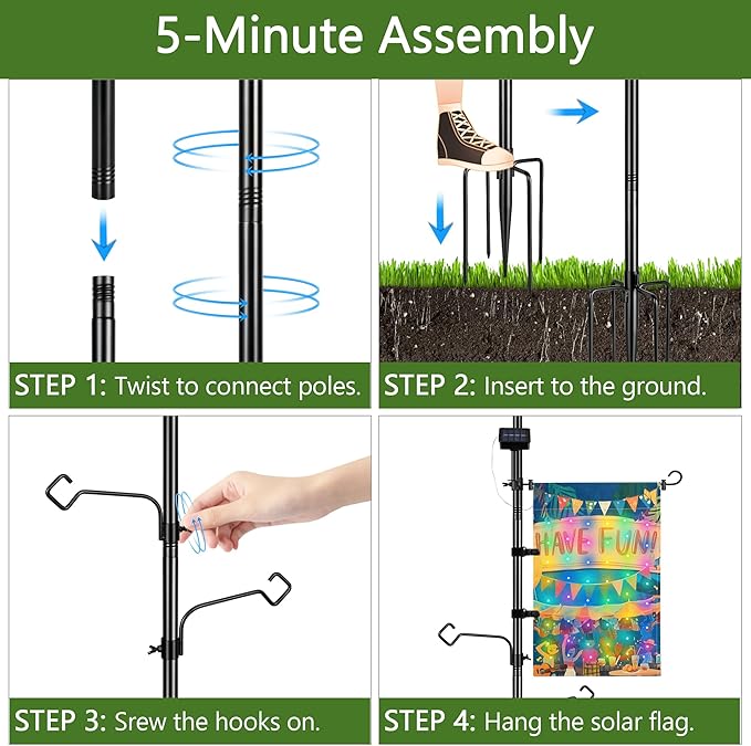 3-in-1 String Light Pole for Outside (2 Pack), Each Pack Includes 2 Hooks, 1 Solar LED Light Board & 1 Party Flag, Heavy Duty Stand for Deck, Patio, Backyard, Wedding