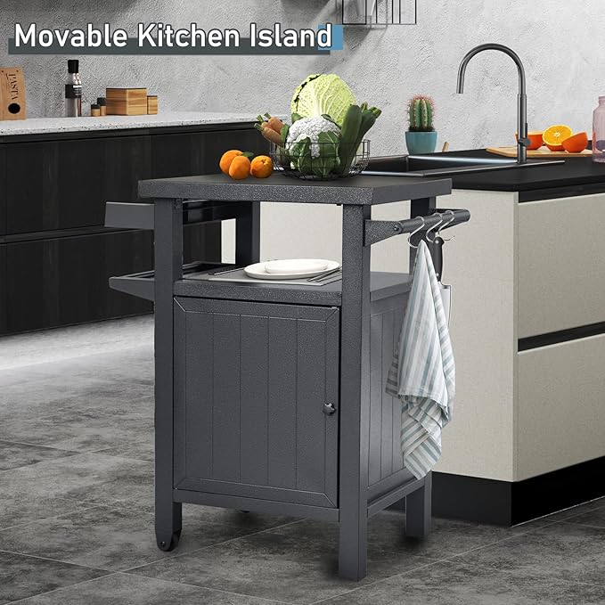 Grill Cart Outdoor with Storage Cabinet, Portable Rolling Patio Bar Cart with Wheels, BBQ Prep Table, Movable Stainless Steel Kitchen Island Dining Cart for Food/Drink/Cooking -Grey