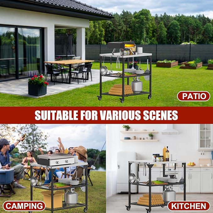 KEESHA Multi-Functional Stainless Steel Pizza Oven Stand Station 35.5 x31.5 x24'' Grill Trolley Stand for Outdoor Indoor Movable Dining Food Prep Cart with 3 Shelves for Ooni, Weber, Blackstone, Ninja