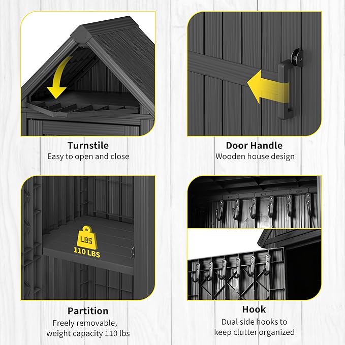 Outdoor Resin Storage Shed, Upgrade Durable Storage Cabinet with Removable Shelves and Lock Ring, Reinforced Floor, All-Weather Construction for Garden Patio Lawn (Black)
