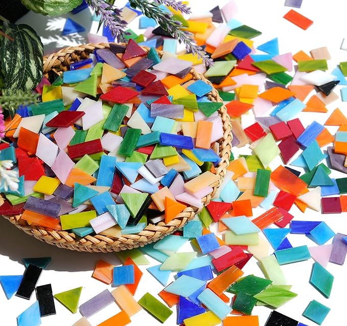 Lanyani Medium Size Glass Mosaic Tiles Pieces 1.3 Pounds Bulk, 400pcs Mixed Vibrant Color Stained Glass Pieces Tile for DIY Crafts Mosaic Making, Pre-Cut Tiles in 4 Shapes