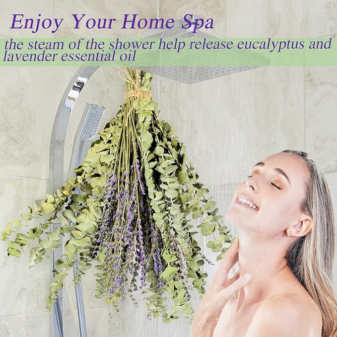 120 PCS Dried Eucalyptus Stems & Lavender Flowers Bundle for Shower, 17'' Natural Real Live Eucalyptus Leaves Greenery Stems & Aromatic Lavender Shower Plant,Gift for Mother,Fragrance, Decor