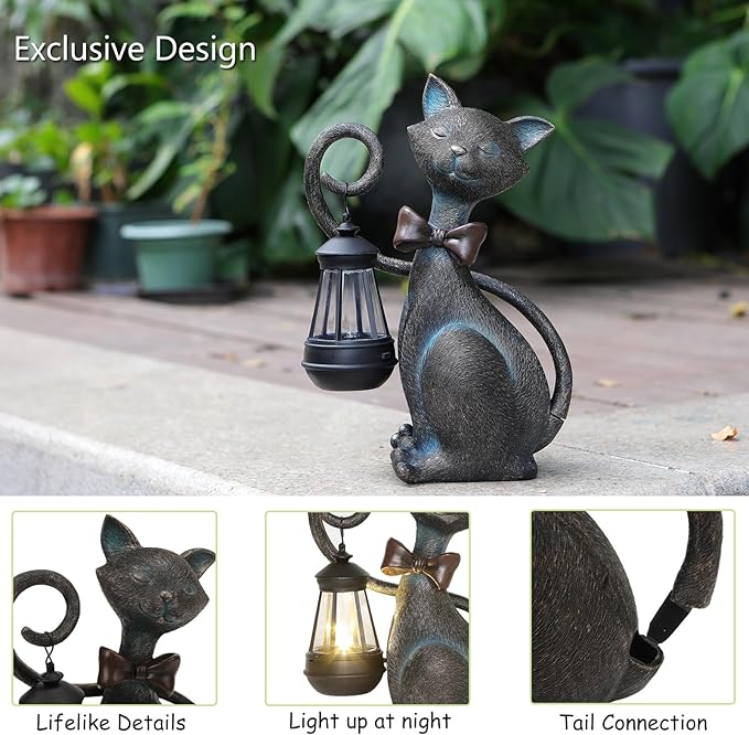 Whimsical Solar Cat Statue with Solar Lantern - Unique Outdoor Garden Decor for Patio, Balcony, and Yard Lights - Ideal Valentines Day Birthday Gifts for Mom, Grandma, Women, Men, and Cat Lovers