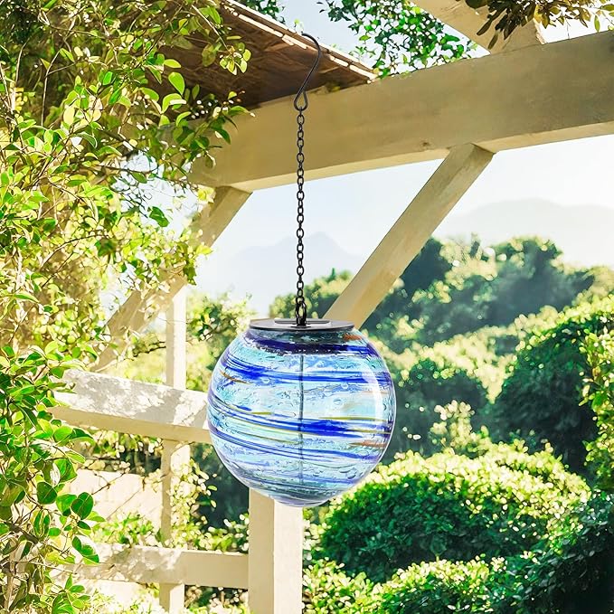 VCUTEKA Solar Chandelier Outdoor, Hanging Glass Solar Light with Hook Up, Garden Lanterns Decor for Yard, Tree and Patio, Starry Blue