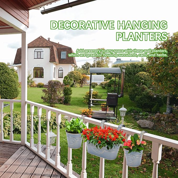 PerGar Vintage Metal Iron Wall Hanging Flower Pots, Rustic Planter Bucket Herb Flower Plant Holder with Detachable Hooks & Drainage Hole for Railing Fence Balcony Deck Garden Home Decoration, Set of 3