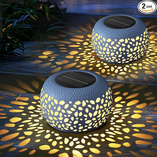 Solar Lanterns Outdoor Waterproof: 2 Pack White Hollow Out Metal Solar Lights - 2 Lighting Colors Outside Garden Yard Porch Indoor Tabletop Retro Decorations - Unique Gifts for Women Mom Wife
