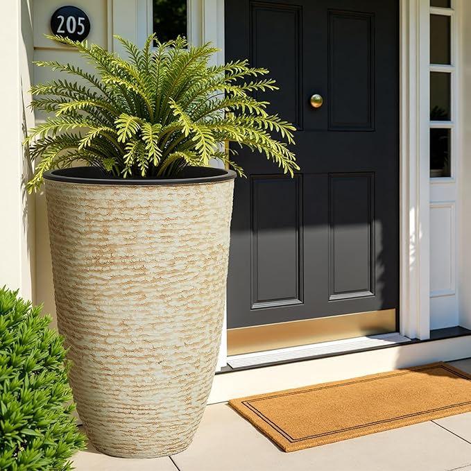 WORTH Garden 2-Pack 21" H. Beige Tall Planters with Inside Pots - 14'' Dia Plastic Large Round Plant Tree Pots - Decorative Imitation Stone Finish for Indoor Outdoor Front Porch Container Patio