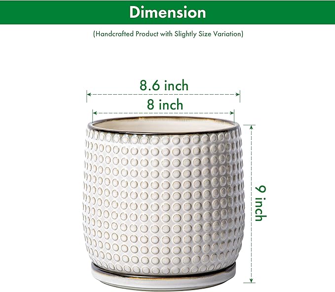 D'vine Dev 8 Inch Ceramic Beaded Stoneware Planter Pot - Flower Pot with Drainage Holes and Saucers for Indoor Succulent Plants or Flowers, Smoked White, 27-C-Q-1