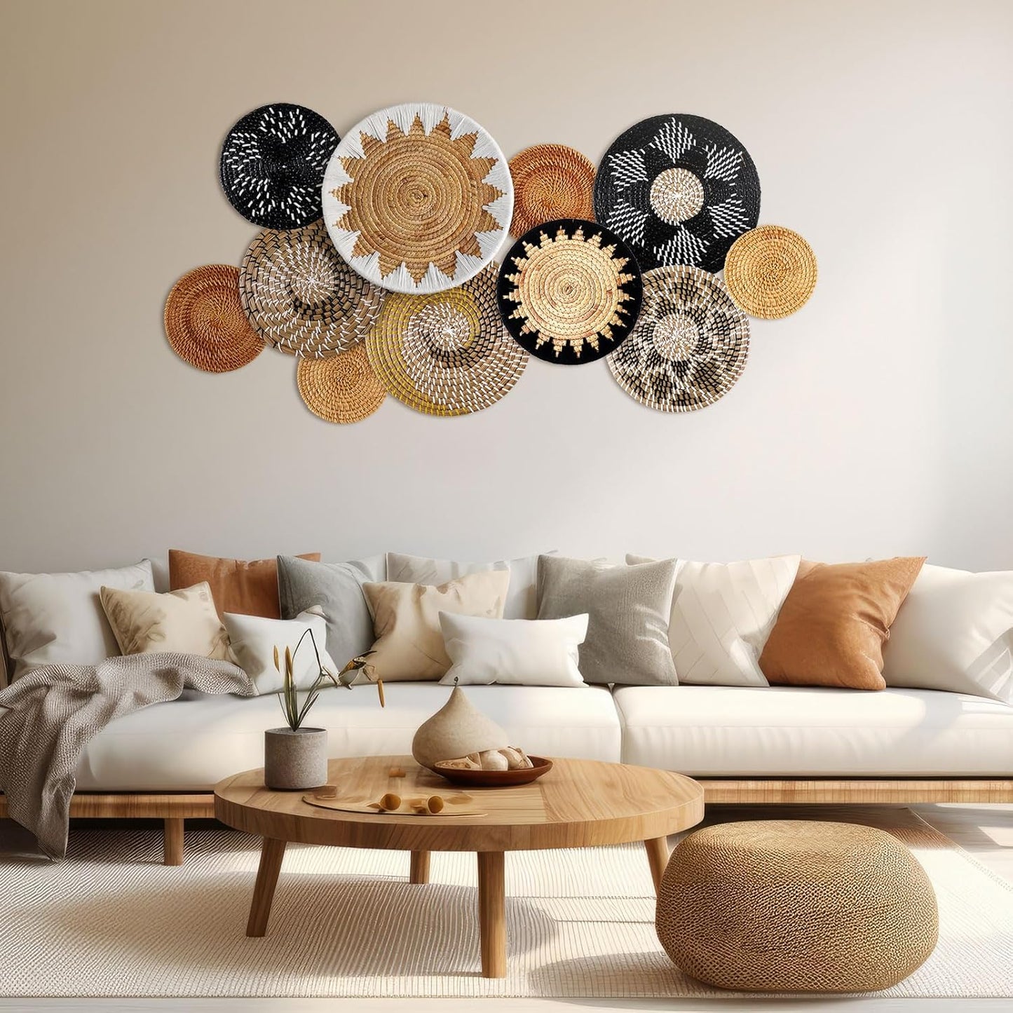 Xuhal 11 Pcs Boho Hanging Wall Basket Decor Handmade Woven Basket Wall Decorative Boho Wicker Baskets Placemats Round Farmhouse Bulrush Art for Rustic Home Decorations Christmas Gift(Stylish)