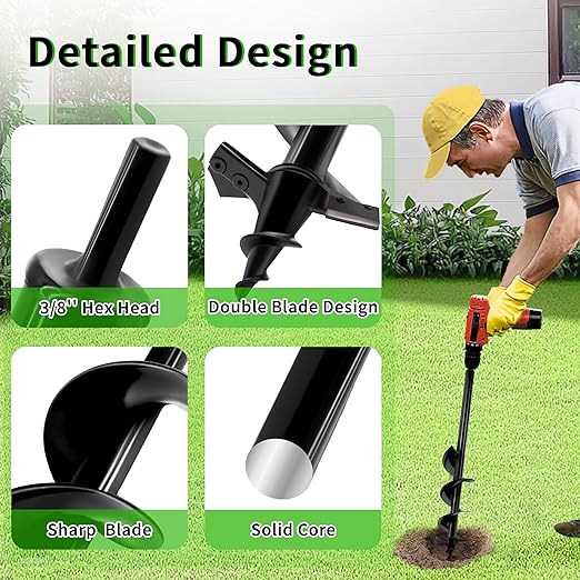 4"x24" Auger Drill Bit for Planting,Designed for Hard&Rocky Soil,Heavy-Duty Post Hole Auger with Upgrad Dual-Sharp Blades Tip,Garden Spiral Drill Bit & Plant Hole Digger,for 3/8" Hex Drive Drill