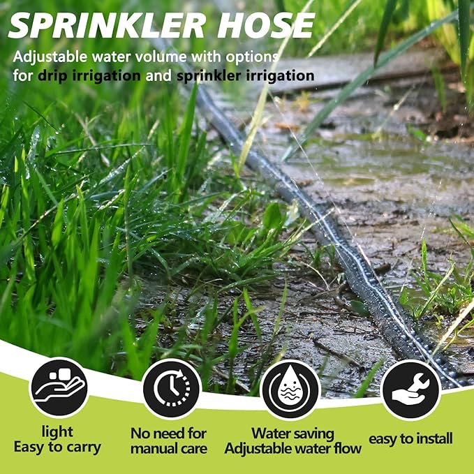 Sprinkler Flat Soaker Hose 50 ft (25 ft 2-pack) with Garden Staples and Splitters, PVC Drip Line Irrigation Hose for Lawn, Garden Beds