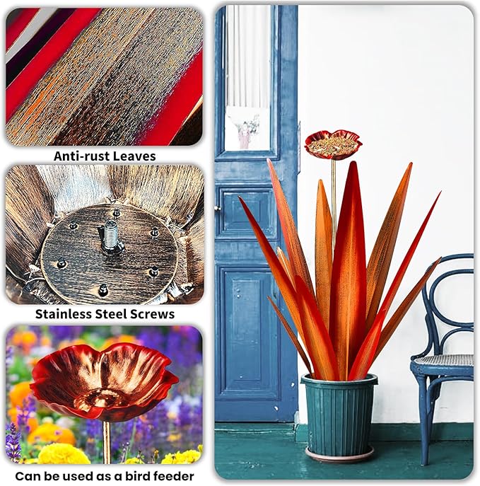 Large Tequila Rustic Sculpture, Rustic Metal Agave Plants for Outdoor Patio Yard, Home Decor Hand Painted Metal Agave Garden Yard Statue, Outdoor Lawn Ornaments (Red - L (W/Bird Feeder))